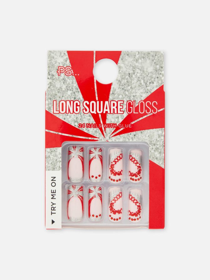 PS Long Square Gloss Candy Cane Faux Nails