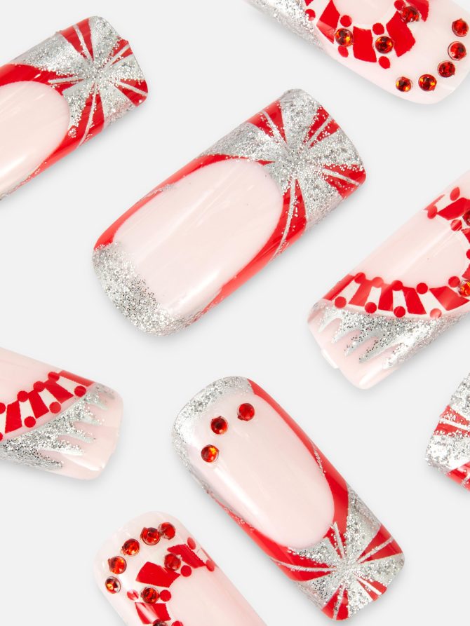 PS Long Square Gloss Candy Cane Faux Nails - Image 2