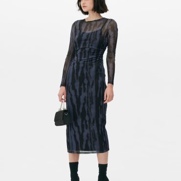 Ruched Side Mesh Midi Dress