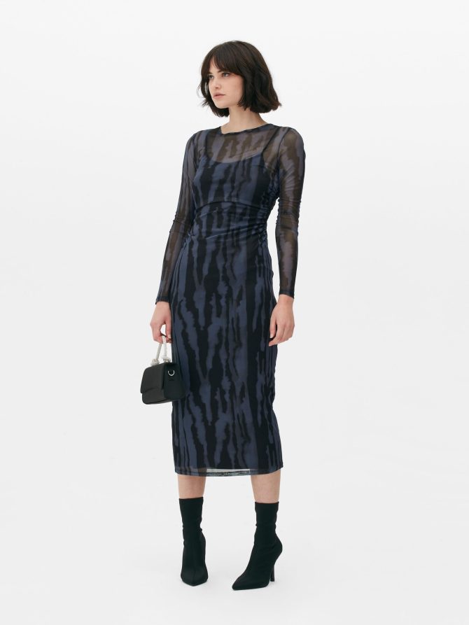 Ruched Side Mesh Midi Dress