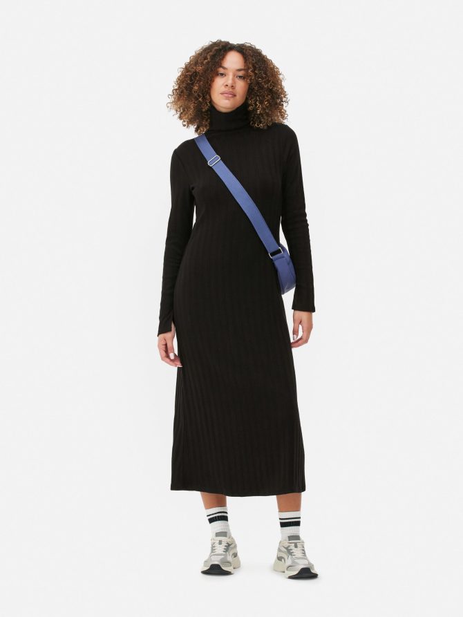 High Neck Ribbed Midi Dress