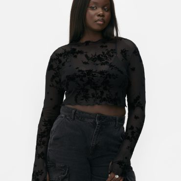 Rita Ora Flocked Mesh Long Sleeve Crop Top