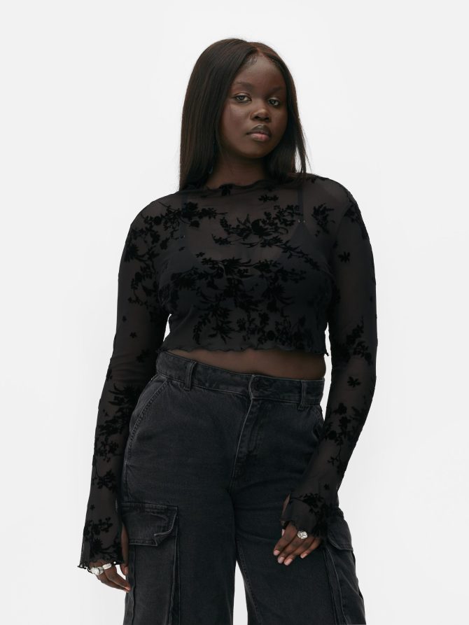 Rita Ora Flocked Mesh Long Sleeve Crop Top