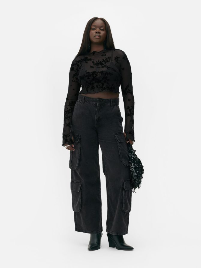 Rita Ora Flocked Mesh Long Sleeve Crop Top - Image 2