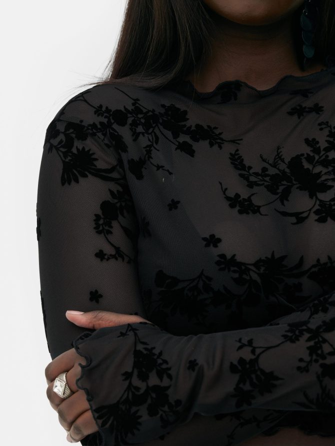 Rita Ora Flocked Mesh Long Sleeve Crop Top - Image 3