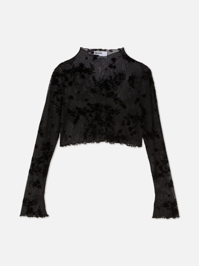 Rita Ora Flocked Mesh Long Sleeve Crop Top - Image 5