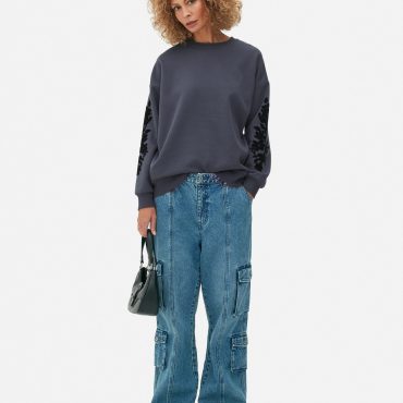 Velvet Floral Detail Oversized Sweatshirt