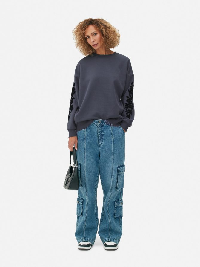 Velvet Floral Detail Oversized Sweatshirt